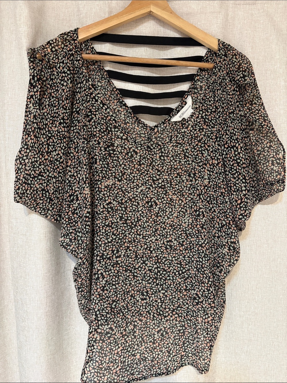 BCBGMaxAzria Black Floral Dot V-Neck Blouse